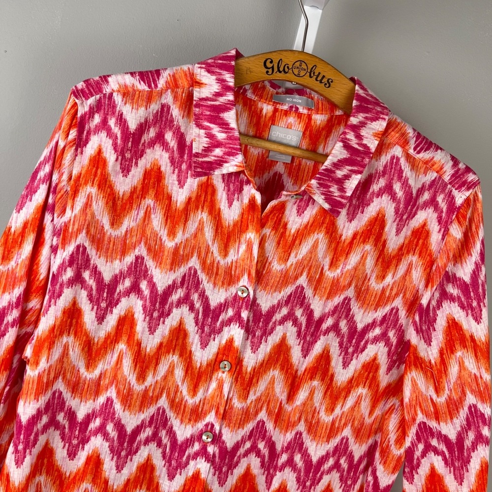 Chico's Linen Shirt Dress Size‎ 3 Womens 16 Pink Orange Ikat Button Up Resort